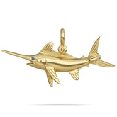 Solid 14k Gold White Marlin Pendant High Polished Mirror Finish With Blue Sapphire Eye with A Mariner Shackle Bail Custom Designed By Nautical Treasure Jewelry In The Florida Keys Open
